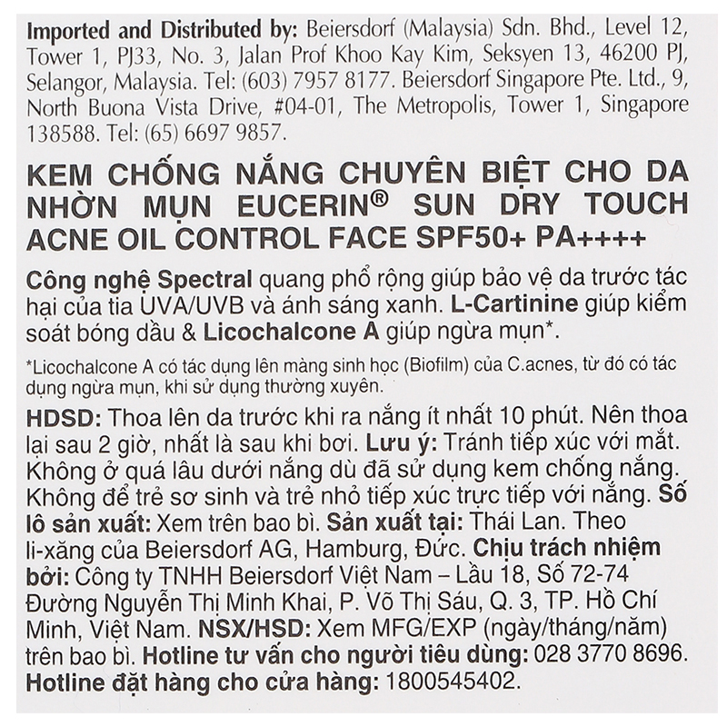 Kem chống nắng Eucerin Sun Dry Touch Acne Oil Control Face SPF 50+/PA++++ cho da nhờn mụn chai 50ml - 14
